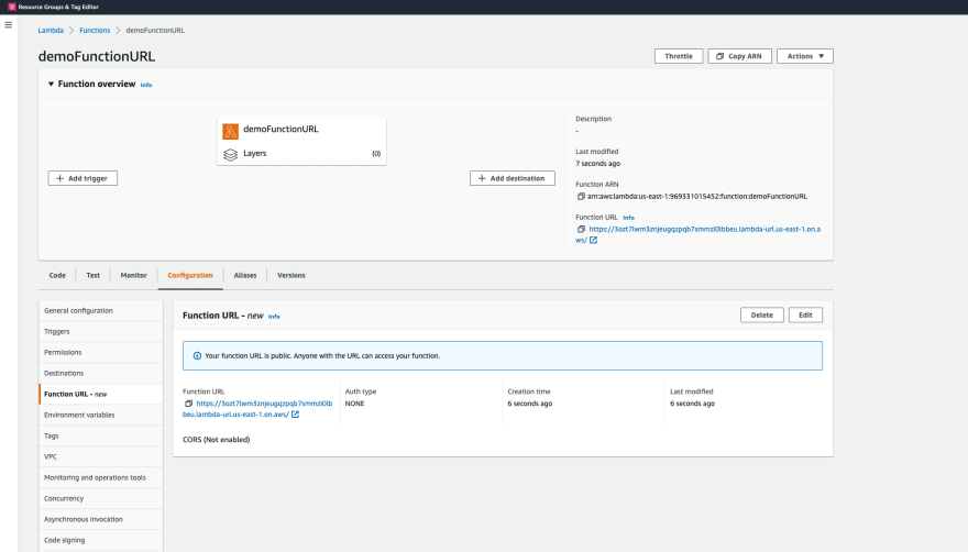 Function URLs in the AWS Lambda Console